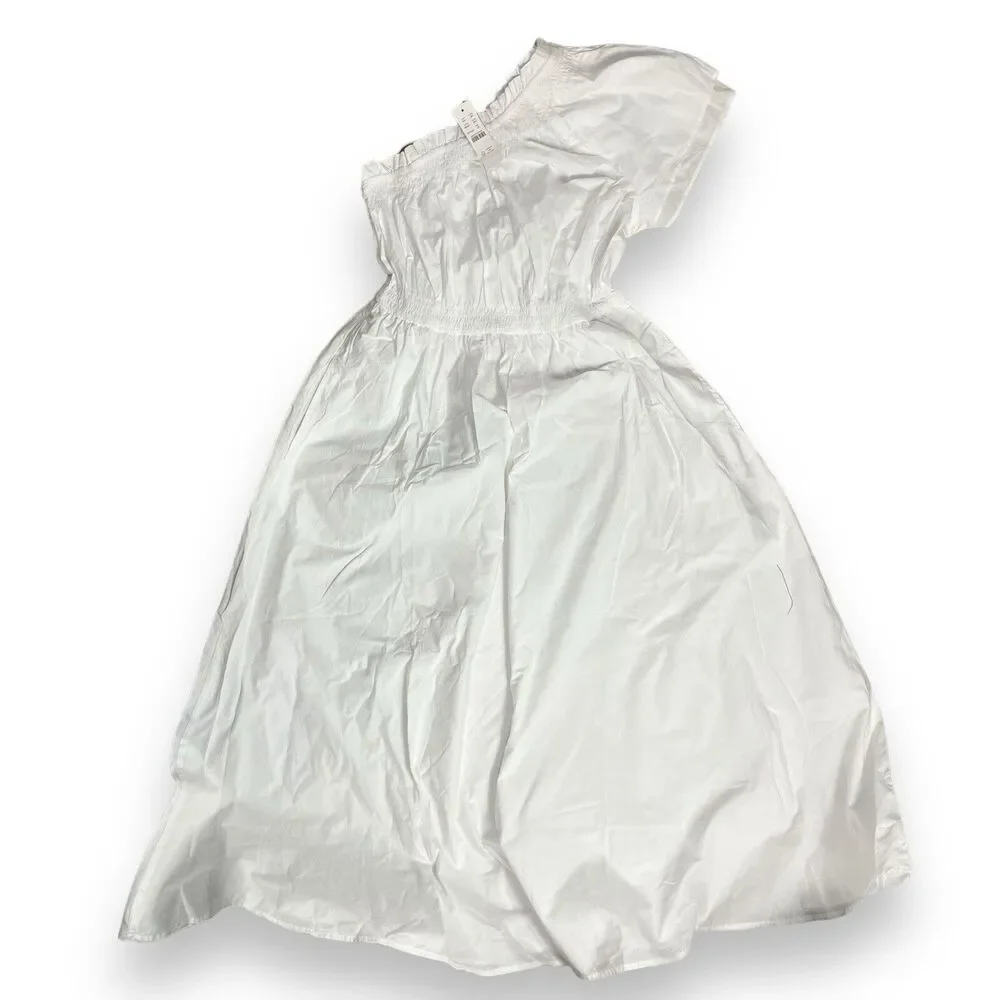J Crew Midi Smocked Waist Dress Womens XS White One Shoulder Coastal Feminine